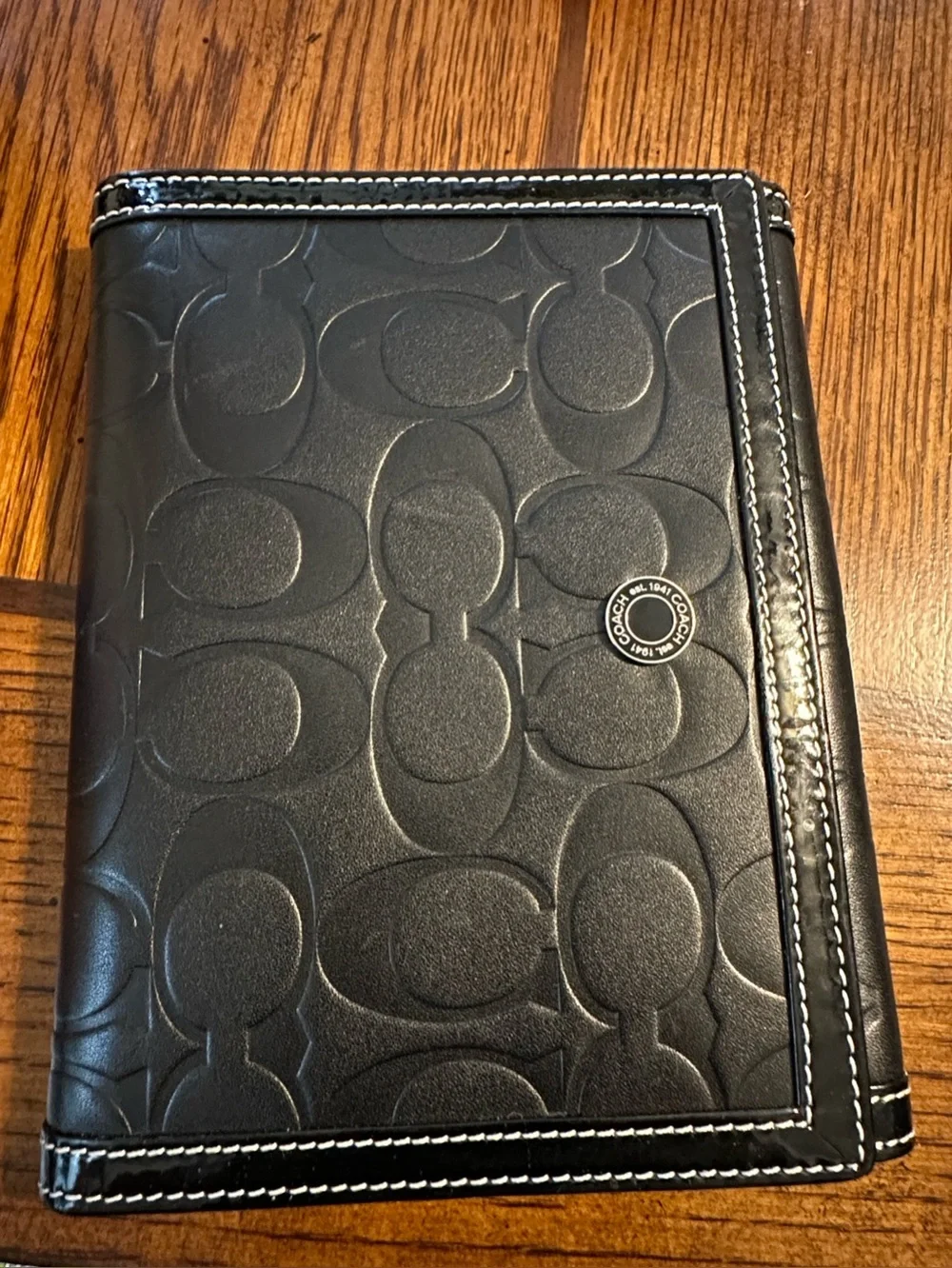 Coach Black Embossed Signature Leather Passport Cover with Silver Accent